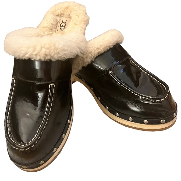 UGG Shoes - Ugg Australia Wooden Shearling Lined Studded Navy Blue Patent Leather Clog Mule